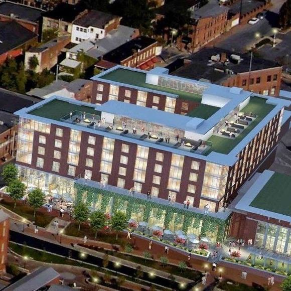 Aerial nighttime rendering of the proposed Marriott at Carroll Creek